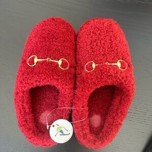 Plush Red Women’s Slippers with Gold Accent